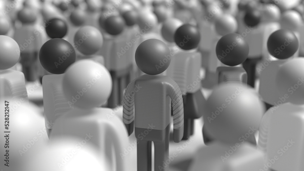 rendered simple-3D scene of group of plain human 3D icons establishing a society and one of them being focused on symbolizing that he is bewildered in the middle of the crowded area rendered simple-3D scene of group of plain human 3D icons establishing a society and one of them being focused on symbolizing that he is bewildered in the middle of the crowded area