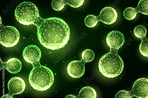 Hydrogen molecules on green background. Sustainable, alternative energy sources concept. 