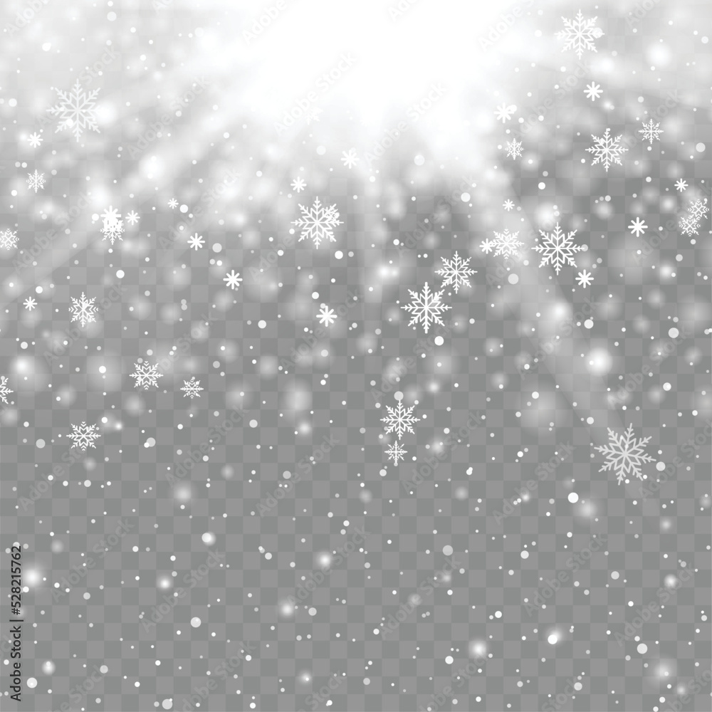 Xmas or New Year background with falling snowflakes on transparent backgrund. Vector
