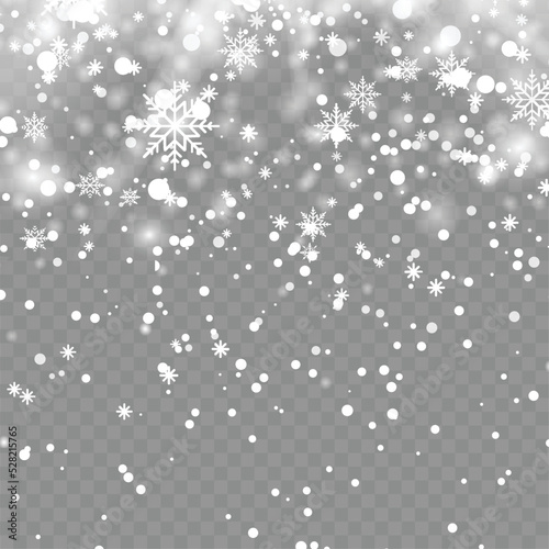 Xmas or New Year background with falling snowflakes on transparent backgrund. Vector