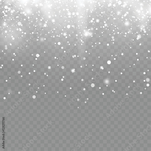 Xmas or New Year background with falling snowflakes on transparent backgrund. Vector