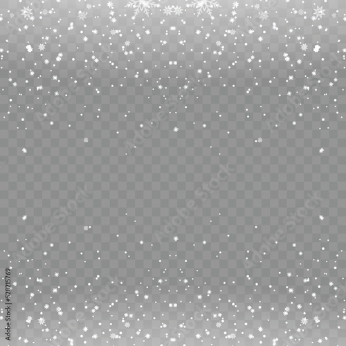 Xmas or New Year background with falling snowflakes on transparent backgrund. Vector