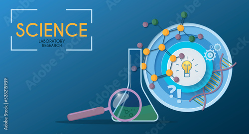 Science background in blue. Laboratory research. Concept for landing pages on the theme of science, learning, education. Vector illustration in paper cut style. Chemistry, biology, physics.