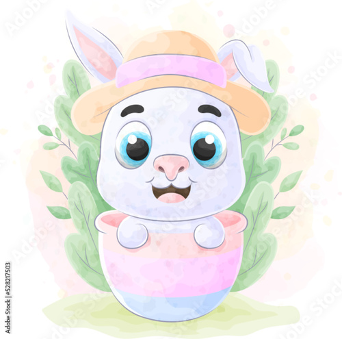 Cute doodle a rabbit with watercolor illustration
