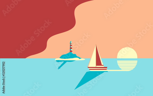 Beautiful sunset or dawn seascape. A yacht or sea vessel is sailing against the backdrop of the setting or rising sun