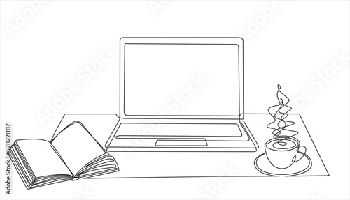 One continuous line drawing of computer laptop, book and a cup of coffee. Study space desk concept. Single line draw design vector illustration