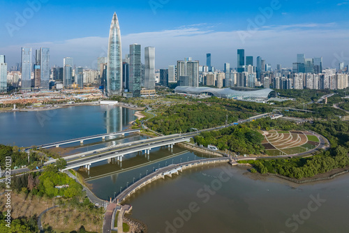 Drone fly over Shenzhen city central business district, aerial panorama China.