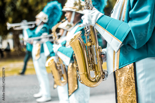 Принти на полотні Group of students saxophone, School band performs in marching band