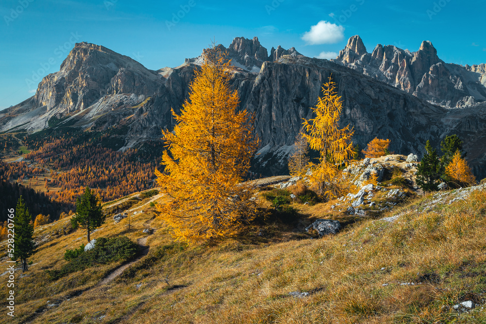 Beautiful view and autumn scenery with fantastic places, Dolomites, Italy