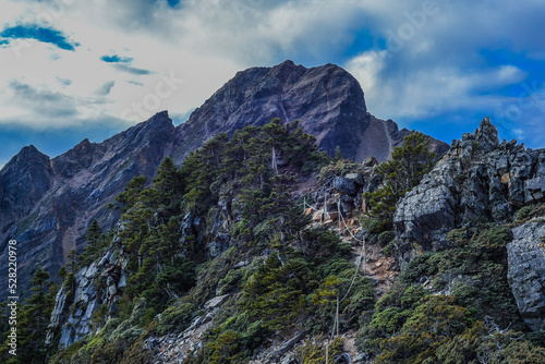 Landscape View of Yushan Main Peak And Tongpu Valley From the North Peak of Jade Mountain At Sunrise, Yushan National  Park, Chiayi , Taiwan photo