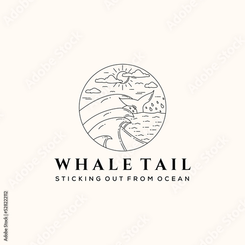 wave ocean whale tail sun cloud line art logo vector minimalist illustration design, whale tail wave logo design