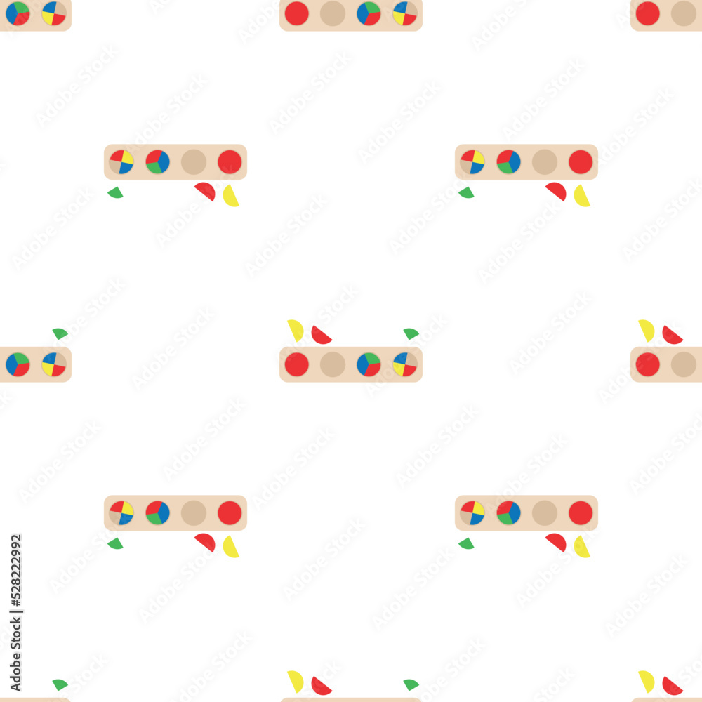 Wooden toys for kids games. Baby seamless pattern with Montessori subject. Education logic toys for preschool kids. Montessori system for early childhood development. Wooden toys for kids games. Baby seamless pattern with Montessori subject. Education logic toys for preschool kids. Montessori system for early childhood development.