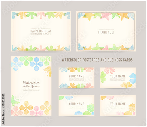 Card design templates with colorful watercolor decoration; for greetings, wedding invitation