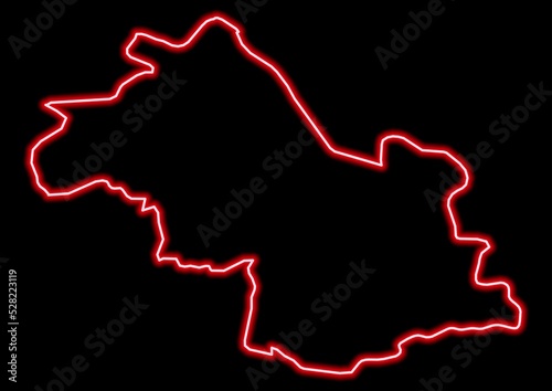 Red glowing neon map of Isère France on black background.
