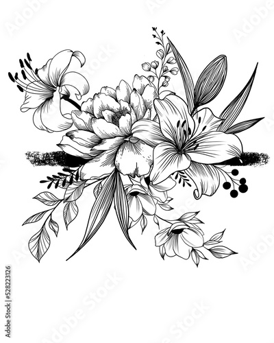 Hand drawn flowers , line-art on white background. idea for a beautiful flowe...