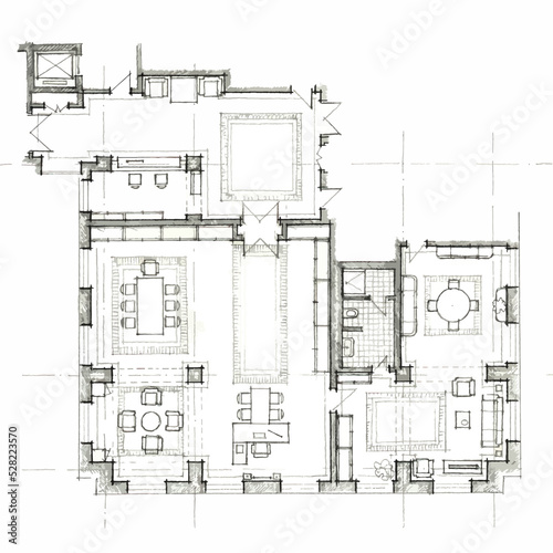 Architectural floor plan of administrative offices. Drawing of conference room. Top view with a set of furniture and plumbing equipment. Vector