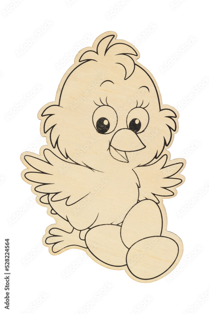 Fototapeta premium Wood happy chick with Easter eggs isolated on white