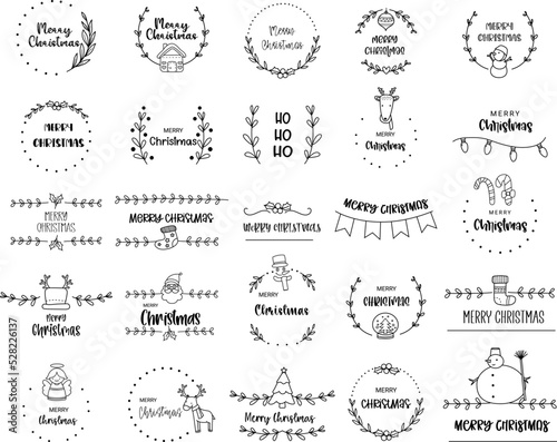 Christmas wreaths with text Big set, santa with snowman and flower, leaf, christmas tree, for Christmas. vector illustrarion