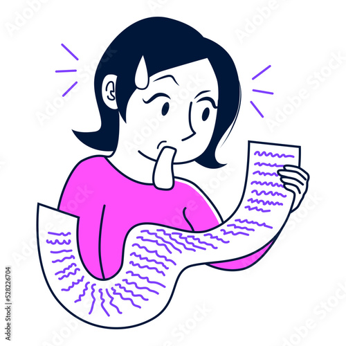 Shocked surprised woman looking a long to do list. Flat illustration isolated on white background