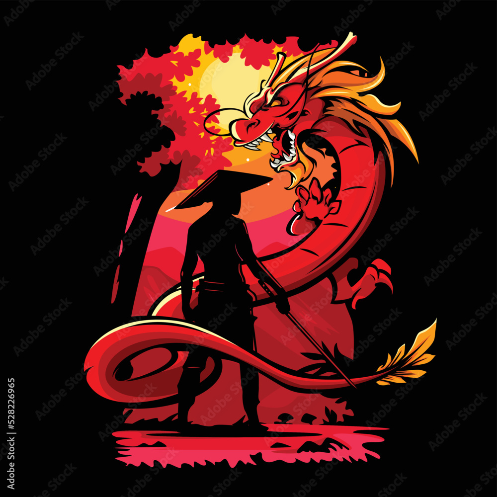 Vector illustration of a swordsman facing a dragon