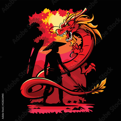 Vector illustration of a swordsman facing a dragon