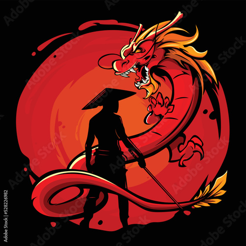 Vector illustration of a swordsman facing a dragon