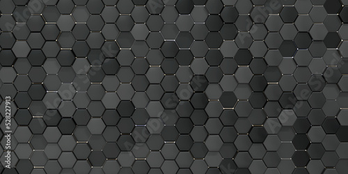 Geometric hexagons black and gray colors with yellow light, luxury abstract background. Horizontal size. 3d rendering illustration. © Игорь Жуков