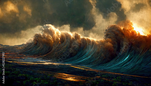 Tsunami wave apocalyptic water Storm. Large tidal wave coming on to the beach. Night fantasy seascape with flashes of lightning, strong wind, gloomy dramatic sky. 3D render