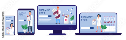 Online pharmacy store concept vector. Pharmacist holding medications. Pharma sopping bag with medical pills, drops.