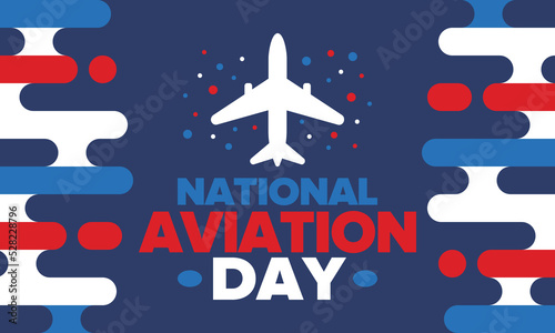National Aviation Day in United States. Holiday, celebrated annual in August 19. Design with airplane and american flag. Patriotic element. Poster, greeting card, banner and background. Vector