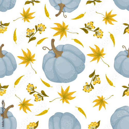 Seamless pattern with blue pumpkins, sea buckthorn berries, autumn maple leaves.Vector background.