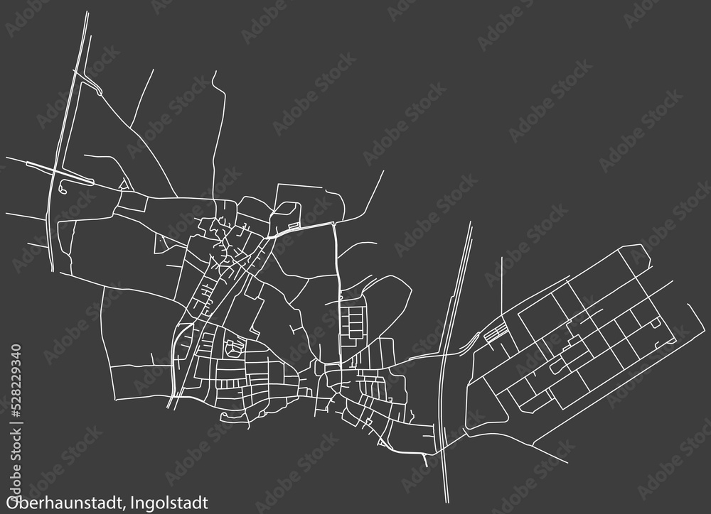 Detailed negative navigation white lines urban street roads map of the OBERHAUNSTADT DISTRICT of the German regional capital city of Ingolstadt, Germany on dark gray background