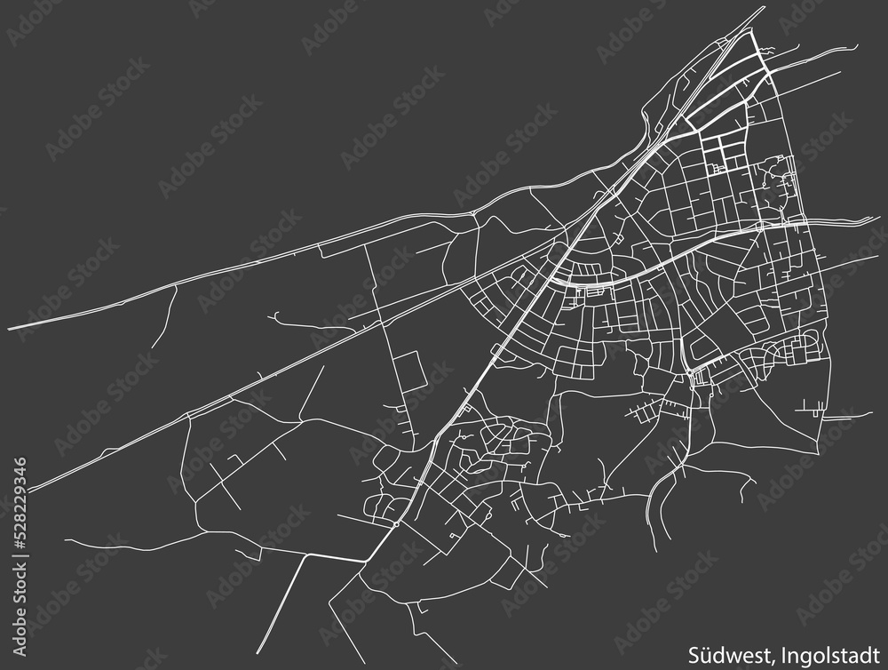 Detailed negative navigation white lines urban street roads map of the SÜDWEST DISTRICT of the German regional capital city of Ingolstadt, Germany on dark gray background