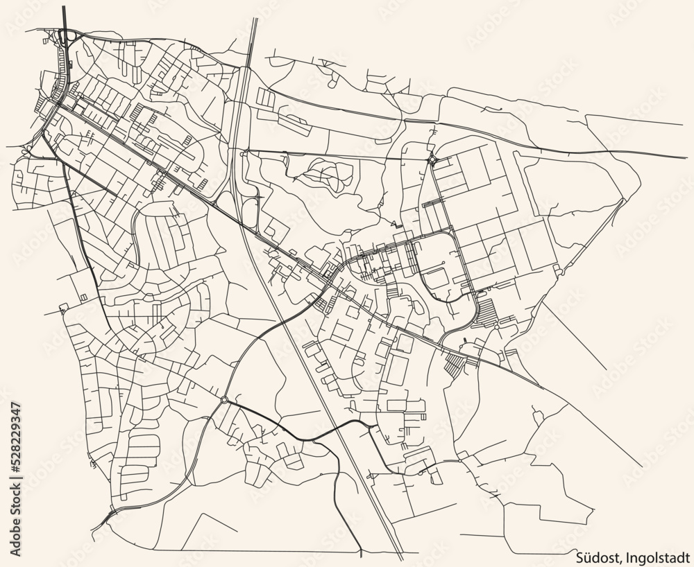 Detailed navigation black lines urban street roads map of the SÜDOST DISTRICT of the German regional capital city of Ingolstadt, Germany on vintage beige background