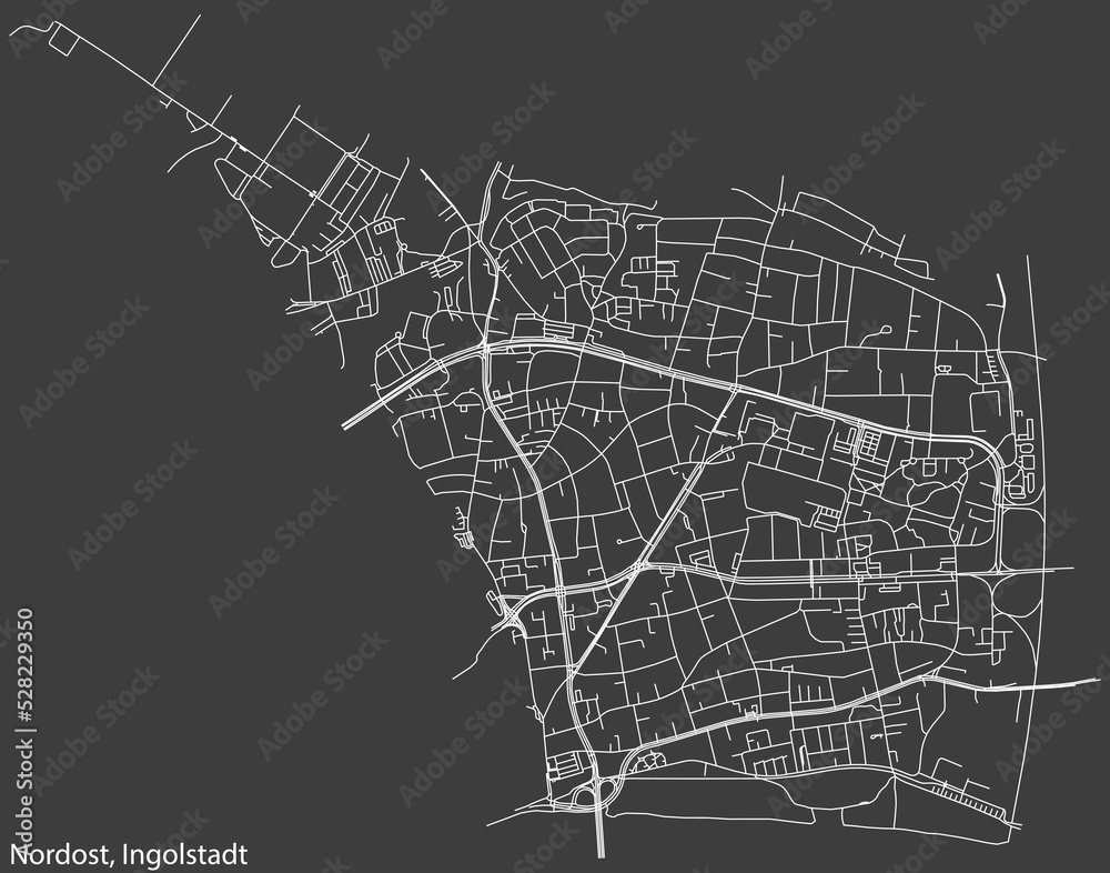 Detailed negative navigation white lines urban street roads map of the NORDOST DISTRICT of the German regional capital city of Ingolstadt, Germany on dark gray background