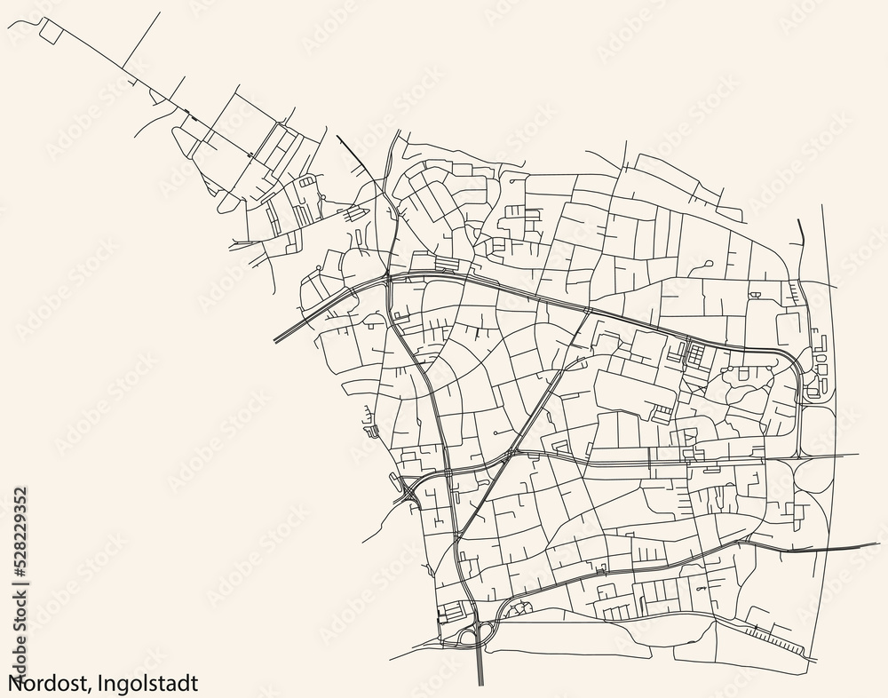 Detailed navigation black lines urban street roads map of the NORDOST DISTRICT of the German regional capital city of Ingolstadt, Germany on vintage beige background