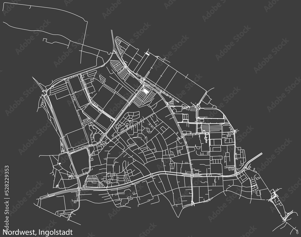 Detailed negative navigation white lines urban street roads map of the NORDWEST DISTRICT of the German regional capital city of Ingolstadt, Germany on dark gray background