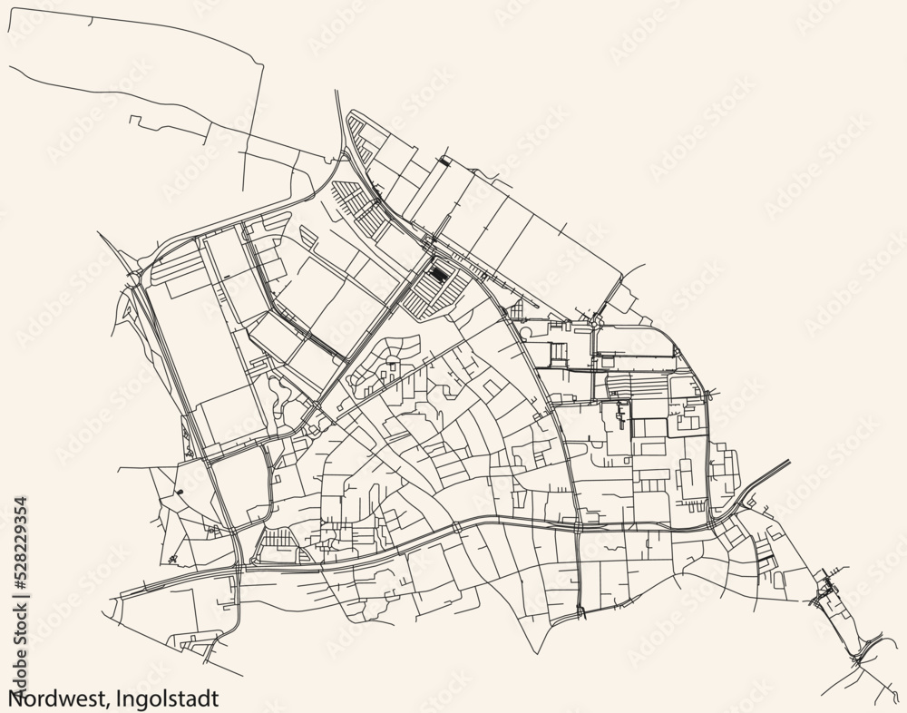 Detailed navigation black lines urban street roads map of the NORDWEST DISTRICT of the German regional capital city of Ingolstadt, Germany on vintage beige background