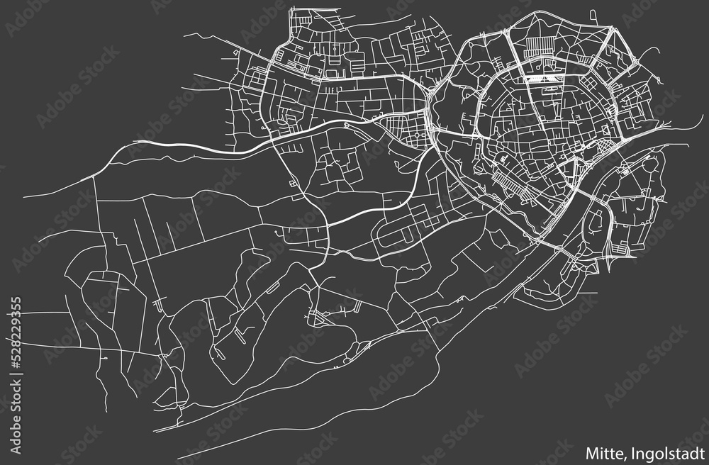 Detailed negative navigation white lines urban street roads map of the MITTE DISTRICT of the German regional capital city of Ingolstadt, Germany on dark gray background