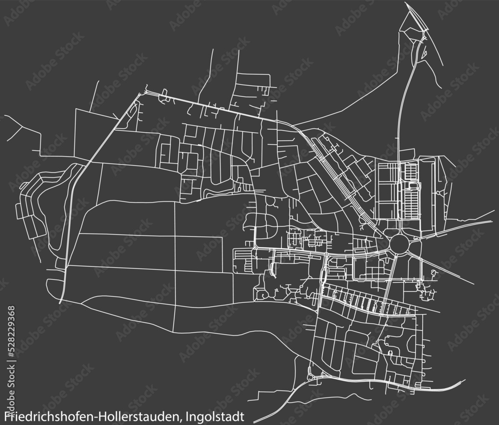 Detailed negative navigation white lines urban street roads map of the FRIEDRICHSHOFEN-HOLLERSTAUDEN DISTRICT of the German regional capital city of Ingolstadt, Germany on dark gray background