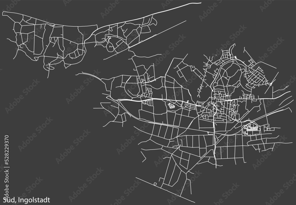 Detailed negative navigation white lines urban street roads map of the SÜD DISTRICT of the German regional capital city of Ingolstadt, Germany on dark gray background