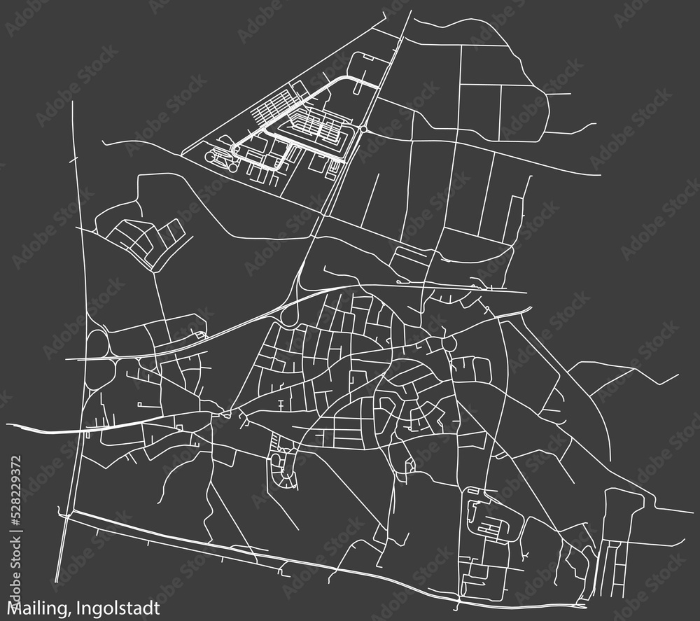 Detailed negative navigation white lines urban street roads map of the MAILING DISTRICT of the German regional capital city of Ingolstadt, Germany on dark gray background