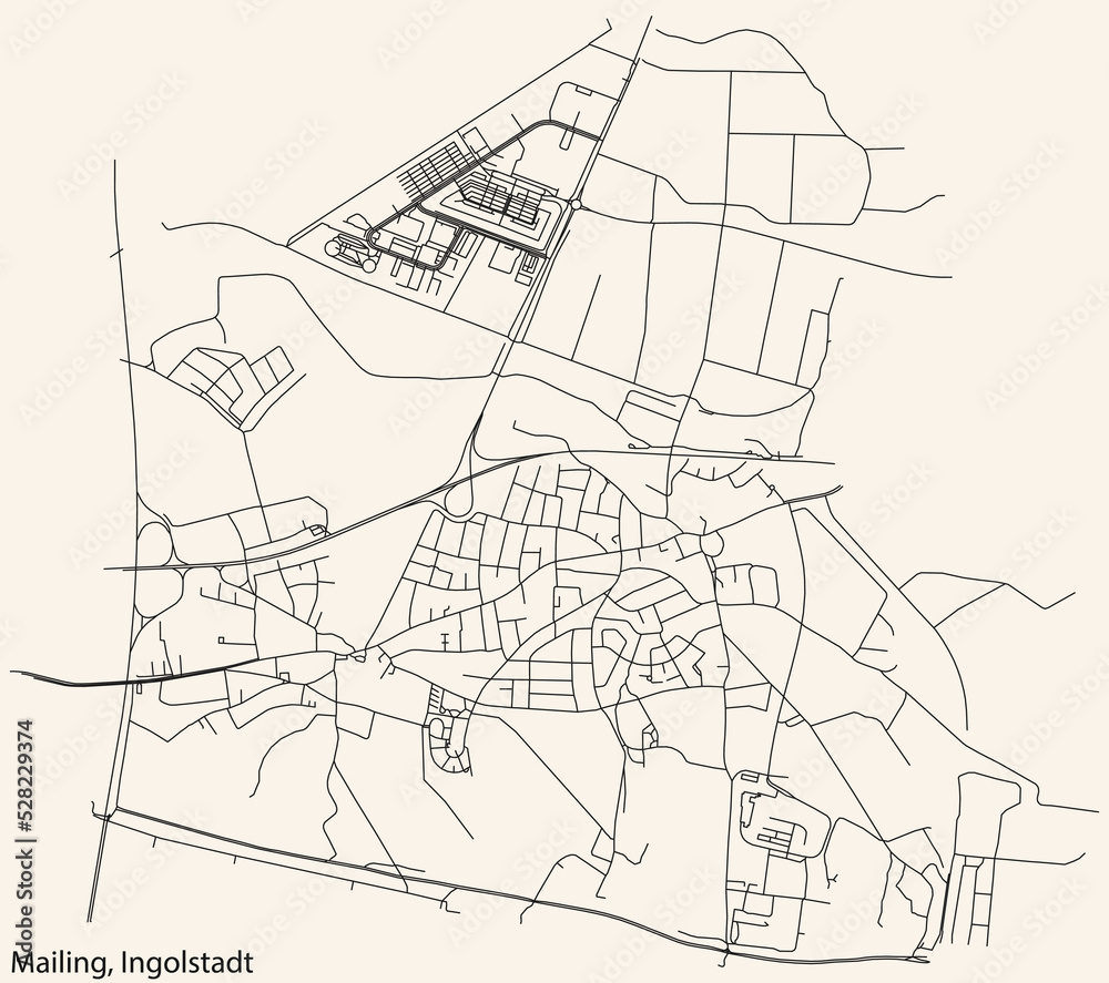 Naklejka premium Detailed navigation black lines urban street roads map of the MAILING DISTRICT of the German regional capital city of Ingolstadt, Germany on vintage beige background
