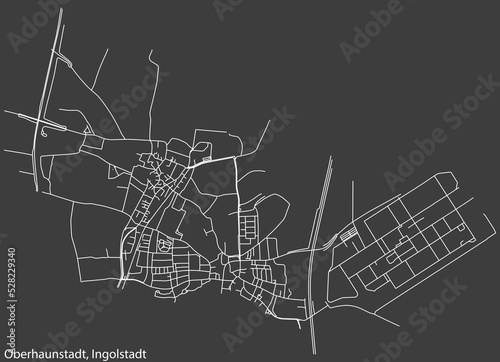 Detailed negative navigation white lines urban street roads map of the OBERHAUNSTADT DISTRICT of the German regional capital city of Ingolstadt, Germany on dark gray background