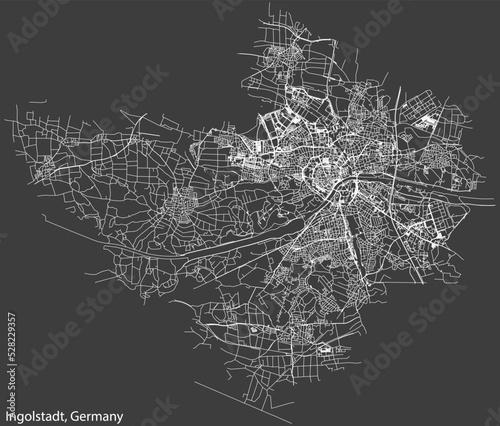 Detailed negative navigation white lines urban street roads map of the German regional capital city of INGOLSTADT, GERMANY on dark gray background