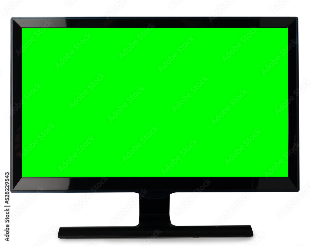 Computer monitor lcd mockup with green chroma key screen isolated on white background. Desktop pc monitor with black frame and empty space. Computer monitor lcd mockup with green chroma key screen isolated on white background. Desktop pc monitor with black frame and empty space.