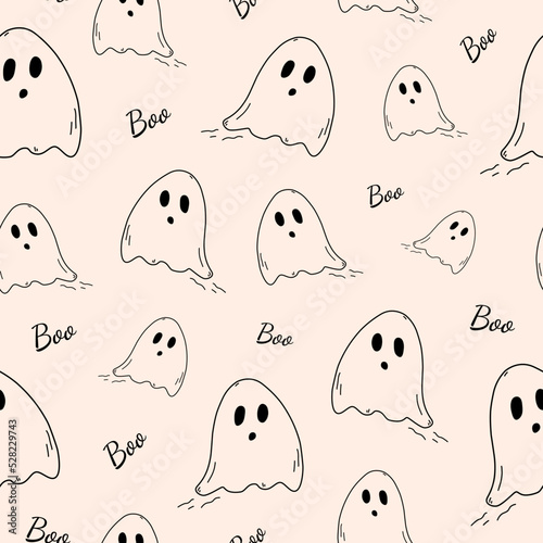 Seamless pattern with hand drawn halloween ghosts doodle style, vector illustration on light background. Holiday design, decorative wrapping or packaging