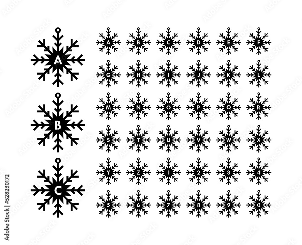 Snowflake Tags Letters and Numbers Christmas font Winter alphabet Stock