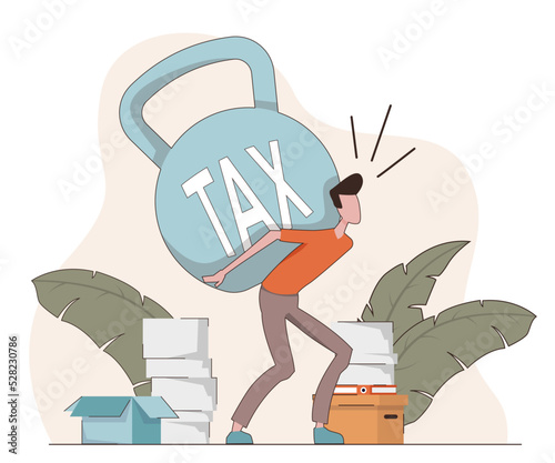 Tax. A man carries a heavy weight on his back