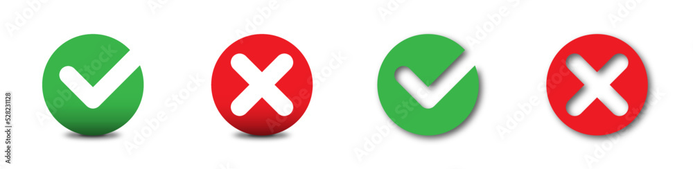 Tick and cross signs. Green checkmark OK and red X icons, Simple marks graphic design. Flat vector illustration. Tick and cross signs. Green checkmark OK and red X icons, Simple marks graphic design. Flat vector illustration.